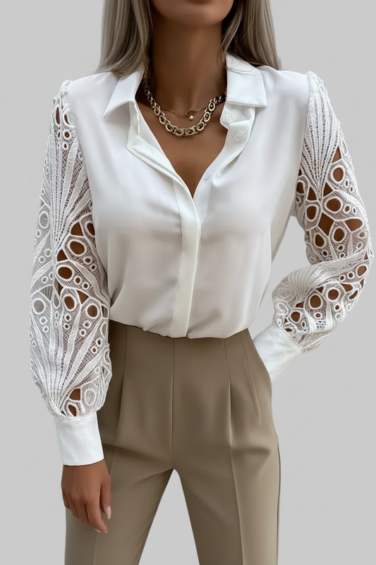 Women’s Lace-Sleeve Button Blouse – Elegant Collared Style for Office and Evening Wear