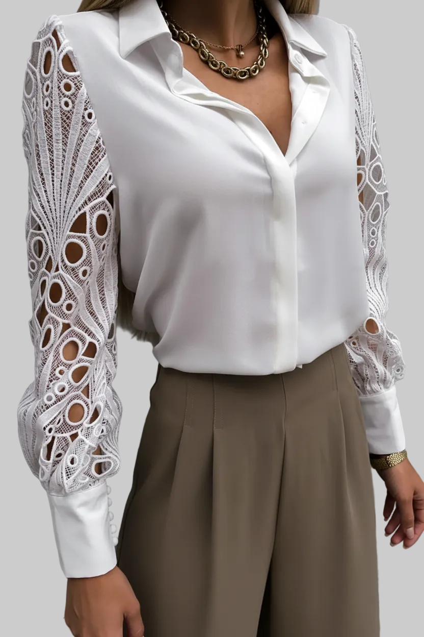 Women’s Lace-Sleeve Button Blouse – Elegant Collared Style for Office and Evening Wear