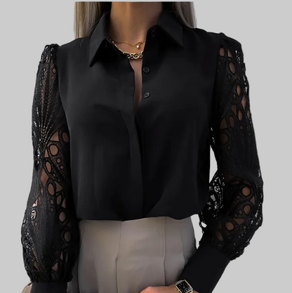 Women’s Lace-Sleeve Button Blouse – Elegant Collared Style for Office and Evening Wear