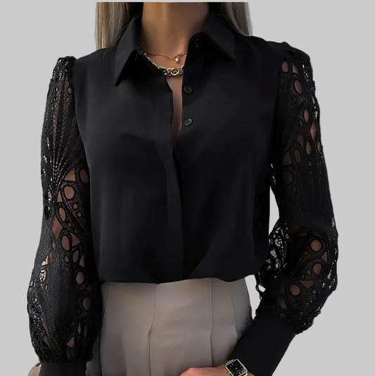 Women’s Lace-Sleeve Button Blouse – Elegant Collared Style for Office and Evening Wear