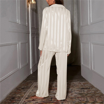 Women’s Satin Lounge Co-Ord Set – Long-Sleeve Button-Up Shirt with Wide-Leg Trousers for Sleepwear