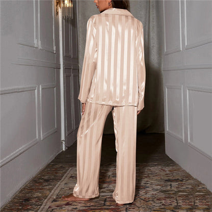 Women’s Satin Lounge Co-Ord Set – Long-Sleeve Button-Up Shirt with Wide-Leg Trousers for Sleepwear