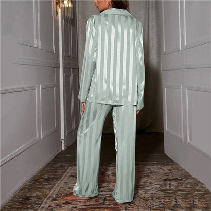 Women’s Satin Lounge Co-Ord Set – Long-Sleeve Button-Up Shirt with Wide-Leg Trousers for Sleepwear