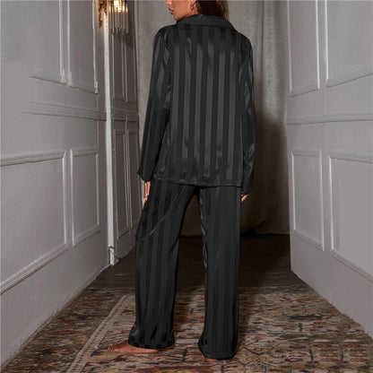 Women’s Satin Lounge Co-Ord Set – Long-Sleeve Button-Up Shirt with Wide-Leg Trousers for Sleepwear