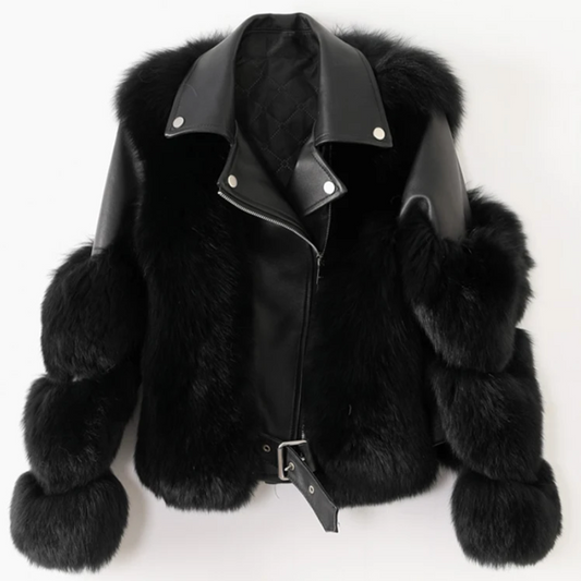 Women’s Faux-Fur Panelled Biker Jacket – Cropped Faux-Leather Winter Layer with Statement Plush Trim
