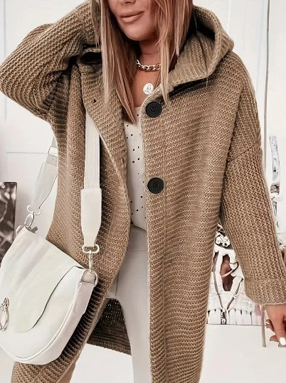 Women’s Hooded Chunky-Knit Longline Cardigan Coat – Relaxed Winter Layer for Everyday Wear