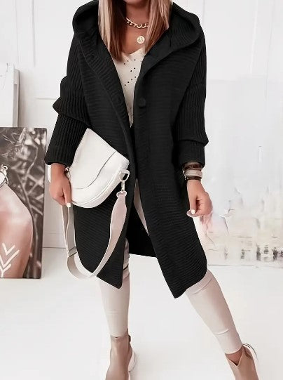 Women’s Hooded Chunky-Knit Longline Cardigan Coat – Relaxed Winter Layer for Everyday Wear