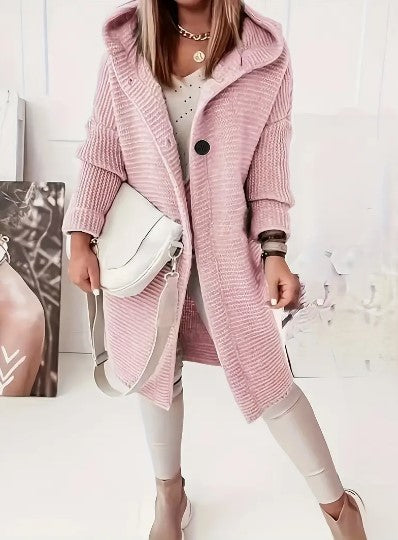 Women’s Hooded Chunky-Knit Longline Cardigan Coat – Relaxed Winter Layer for Everyday Wear