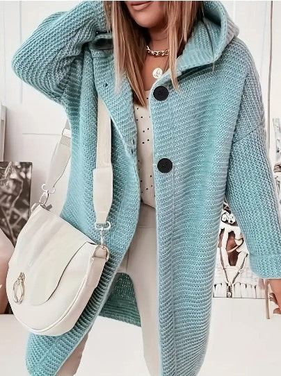 Women’s Hooded Chunky-Knit Longline Cardigan Coat – Relaxed Winter Layer for Everyday Wear