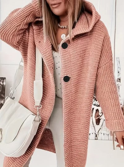 Women’s Hooded Chunky-Knit Longline Cardigan Coat – Relaxed Winter Layer for Everyday Wear