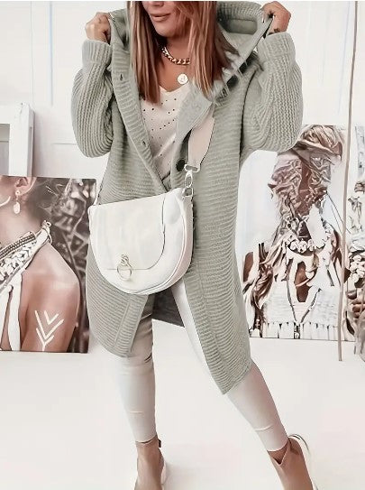 Women’s Hooded Chunky-Knit Longline Cardigan Coat – Relaxed Winter Layer for Everyday Wear