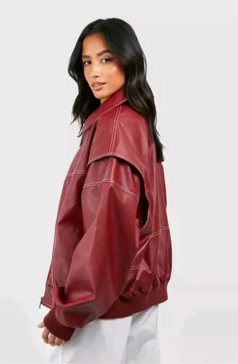 Women’s Oversized Bomber Jacket – Ribbed Cuffs with Stand Collar