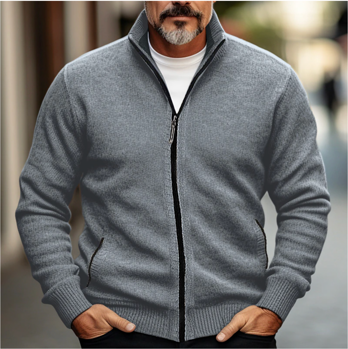 Men’s Full-Zip Knit Cardigan – Stand-Collar Layer for Smart Casual Autumn and Winter Wear