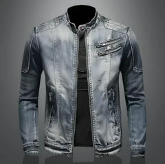 Men’s Distressed Denim Biker Jacket – Zip-Front Moto Layer with Stand Collar and Multi-Zip Pockets