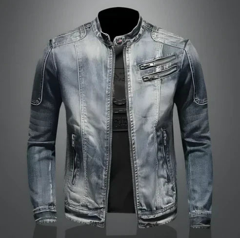 Men’s Distressed Denim Biker Jacket – Zip-Front Moto Layer with Stand Collar and Multi-Zip Pockets