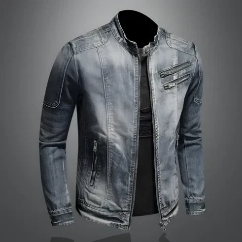 Men’s Distressed Denim Biker Jacket – Zip-Front Moto Layer with Stand Collar and Multi-Zip Pockets