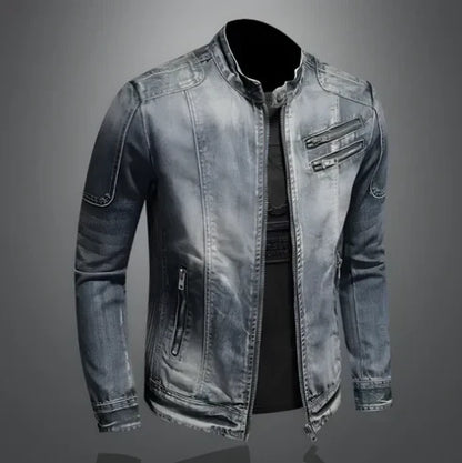 Men’s Distressed Denim Biker Jacket – Zip-Front Moto Layer with Stand Collar and Multi-Zip Pockets