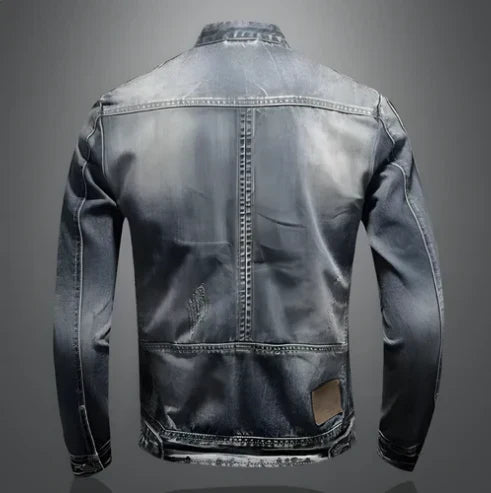 Men’s Distressed Denim Biker Jacket – Zip-Front Moto Layer with Stand Collar and Multi-Zip Pockets