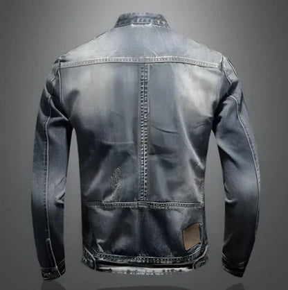 Men’s Distressed Denim Biker Jacket – Zip-Front Moto Layer with Stand Collar and Multi-Zip Pockets