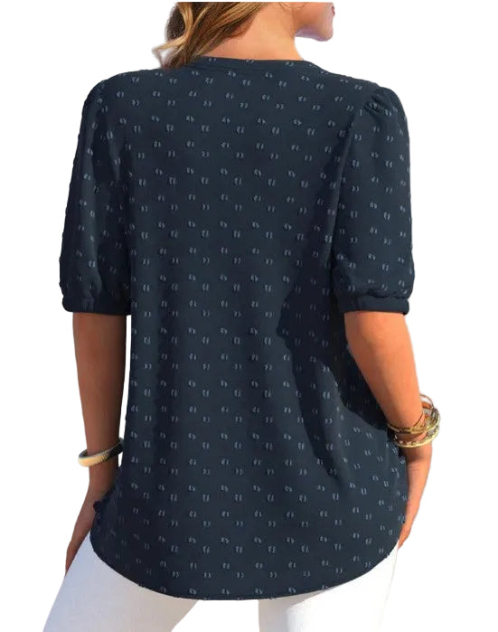 Women’s Textured V-Neck Blouse – Puff-Sleeve Button Detail Style for Spring and Summer