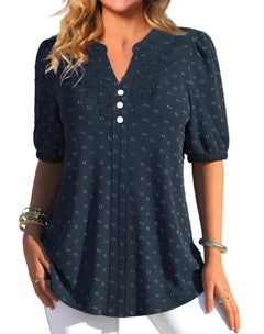 Women’s Textured V-Neck Blouse – Puff-Sleeve Button Detail Style for Spring and Summer
