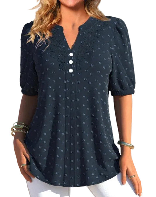 Women’s Textured V-Neck Blouse – Puff-Sleeve Button Detail Style for Spring and Summer