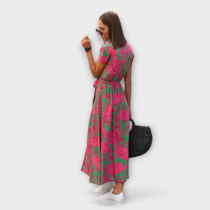 Women’s Printed Belted Maxi Dress – Relaxed V-Neck Summer Style for Travel and Day Plans