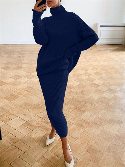 Women’s Turtleneck Knit Skirt Set – Relaxed Long-Sleeve Jumper with Slim Midi Skirt for Autumn Wear