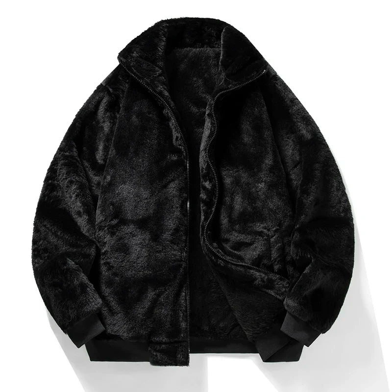 Men’s Plush Faux-Fur Jacket – Thick Winter Outerwear with High Collar and Ribbed Trims