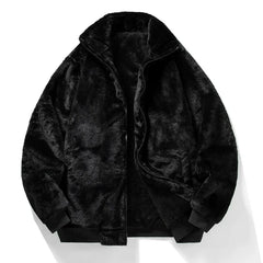 Men’s Plush Faux-Fur Jacket – Thick Winter Outerwear with High Collar and Ribbed Trims