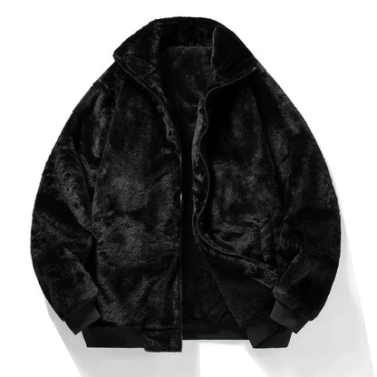 Men’s Plush Faux-Fur Jacket – Thick Winter Outerwear with High Collar and Ribbed Trims