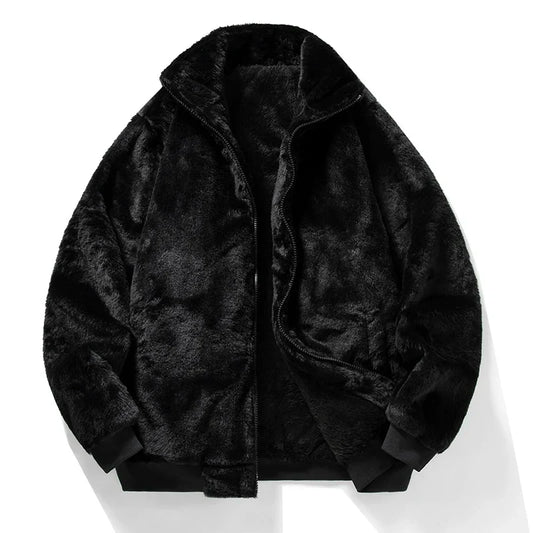 Men’s Plush Faux-Fur Jacket – Thick Winter Outerwear with High Collar and Ribbed Trims