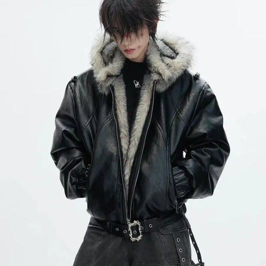 Men’s Faux-Leather Bomber Jacket – Fur-Trimmed Hooded Winter Coat with Buckled Hem Detail