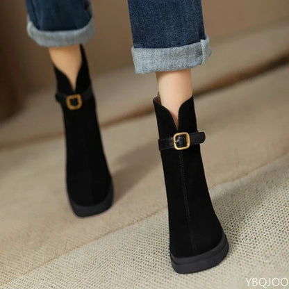Women’s Buckle Ankle Boots – Thick-Sole Chunky Heel Boots for Autumn and Winter