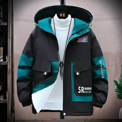 Men’s Plush-Lined Hooded Winter Jacket – Windproof Colour-Block Insulated Coat with Utility Pockets