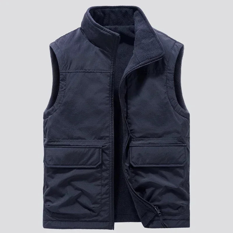 Men’s Reversible Fleece Vest – Multi-Pocket Sleeveless Winter Layer with High Stand Collar