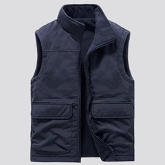 Men’s Reversible Fleece Vest – Multi-Pocket Sleeveless Winter Layer with High Stand Collar