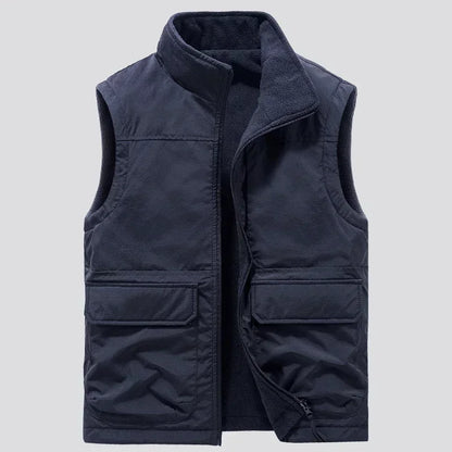 Men’s Reversible Fleece Vest – Multi-Pocket Sleeveless Winter Layer with High Stand Collar