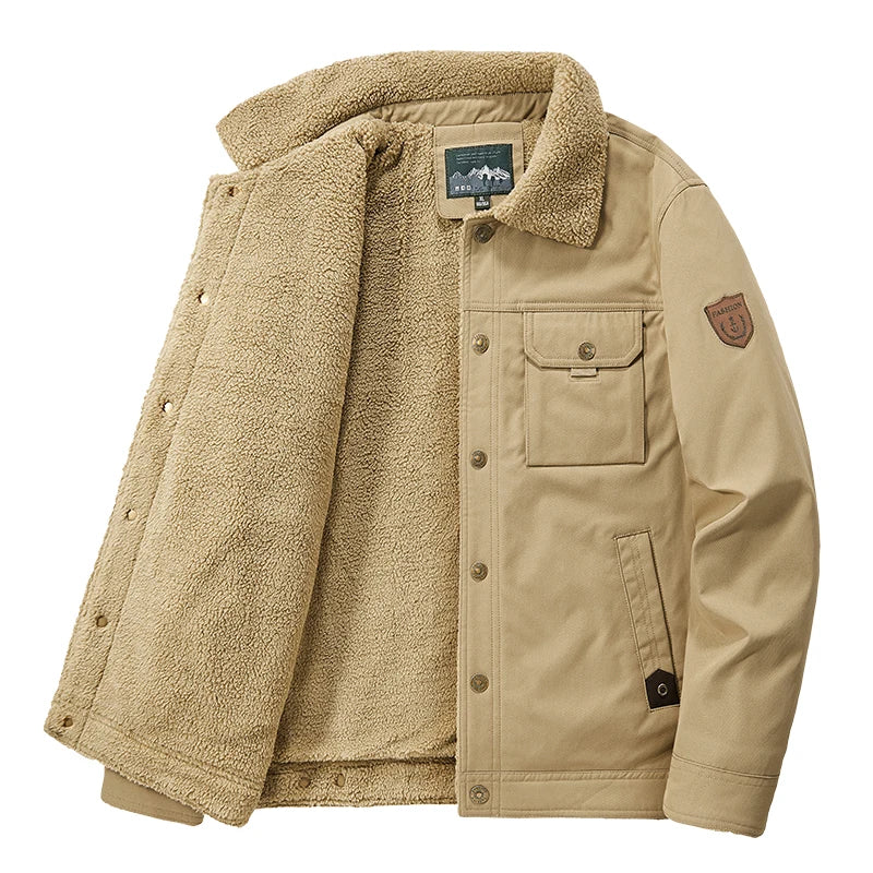 Men’s Sherpa-Lined Utility Jacket – Warm Button-Front Coat with Multi-Pocket Design