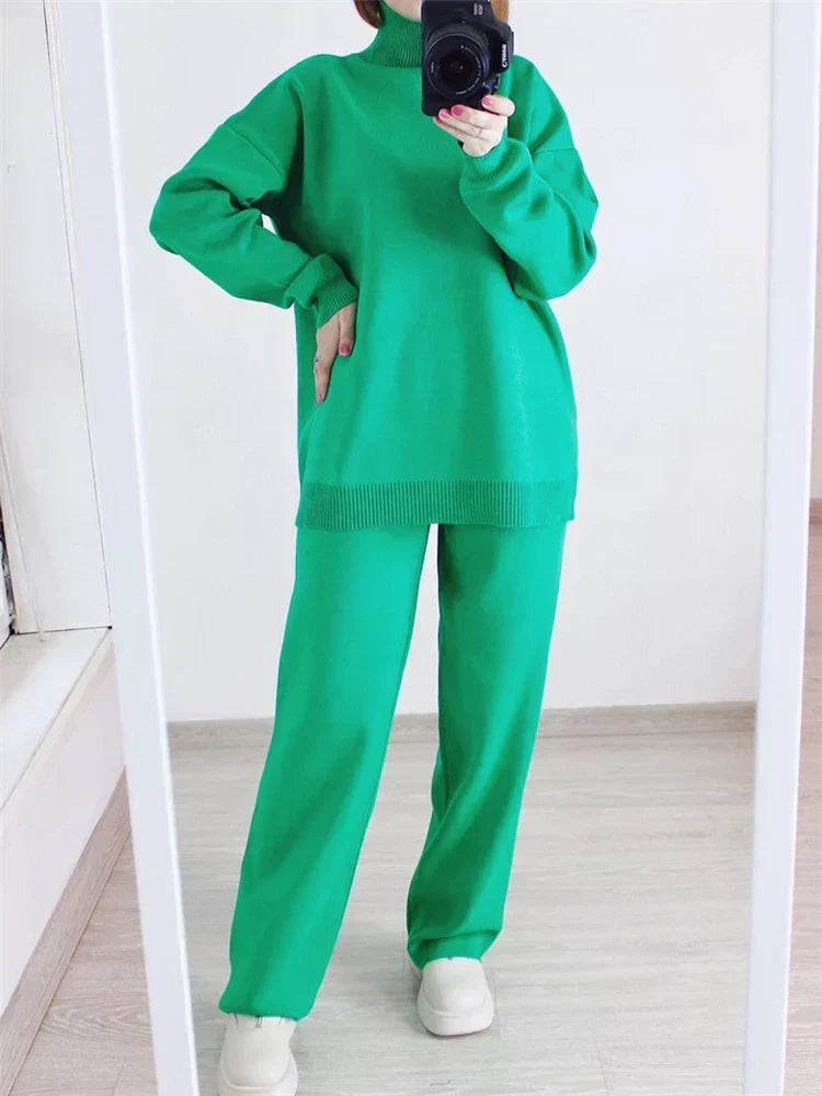 Women’s High-Neck Knit Co-Ord Set – Relaxed Longline Pullover with Straight-Leg Trousers for Casual Lounge Wear