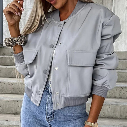 Women’s Relaxed Fit Bomber Jacket – Cropped Snap-Front Layer for Autumn and Winter Casual Wear