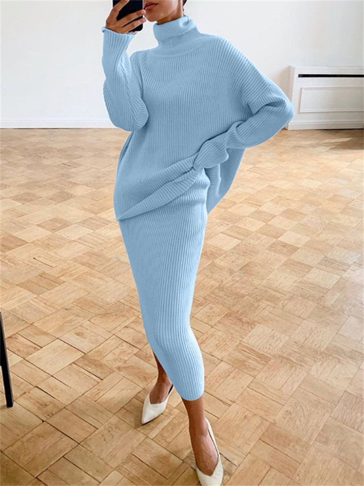 Women’s Turtleneck Knit Skirt Set – Relaxed Long-Sleeve Jumper with Slim Midi Skirt for Autumn Wear