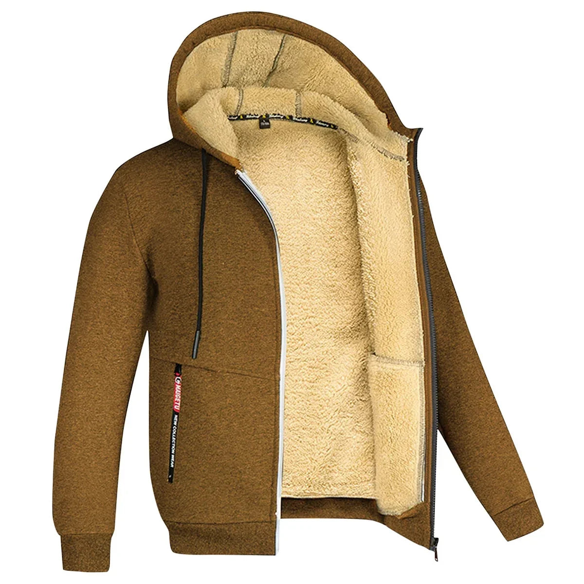Men’s Plush Hooded Fleece Jacket – Thick Zip-Up Winter Layer with Ribbed Cuffs