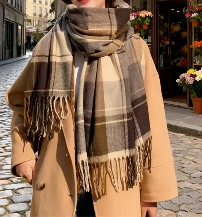 Unisex Oversized Winter Scarf – Soft Checked Wrap with Fringed Tassel Edges