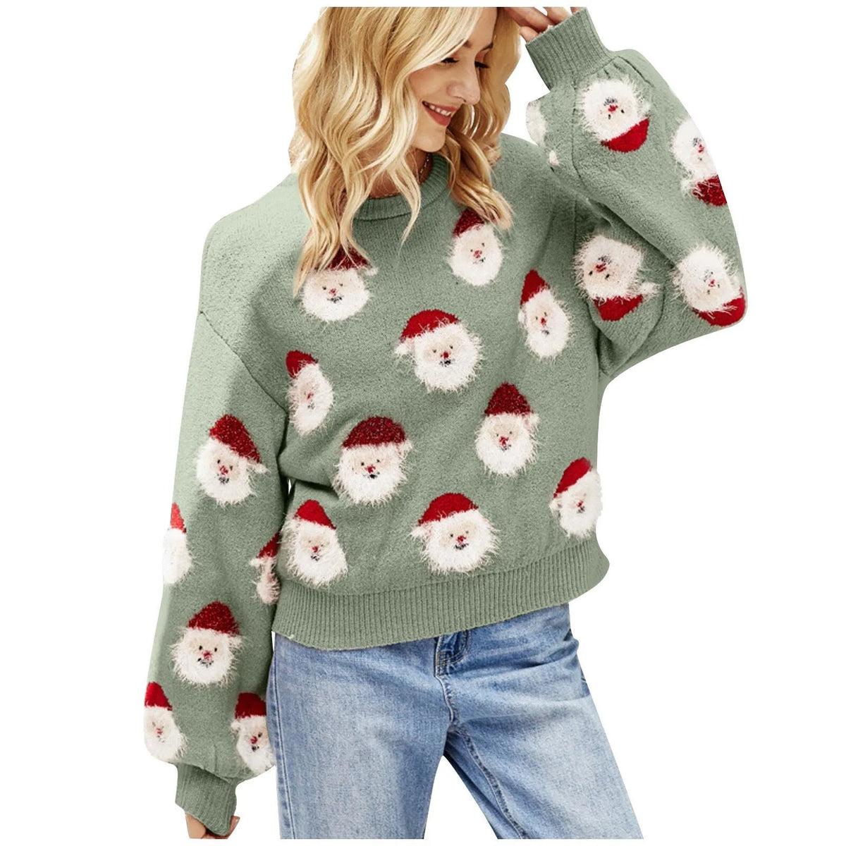 Women’s Festive Printed Sweater – Relaxed Crew Neck Knit for Christmas Parties