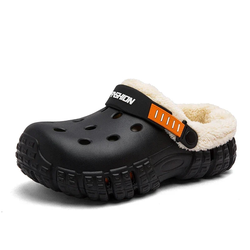 Men’s Fleece-Lined Clog Slippers – Ventilated Winter Garden Shoes with Pivoting Heel Straps