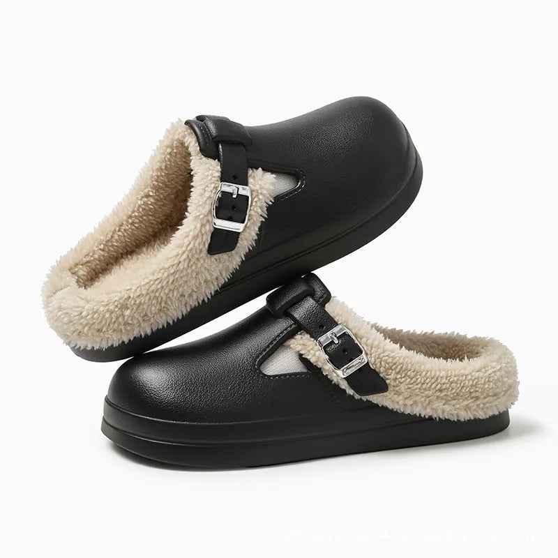 Women’s Buckle-Strap Clog Slippers – Fleece-Lined Winter Mules with Thick Cushioned Sole