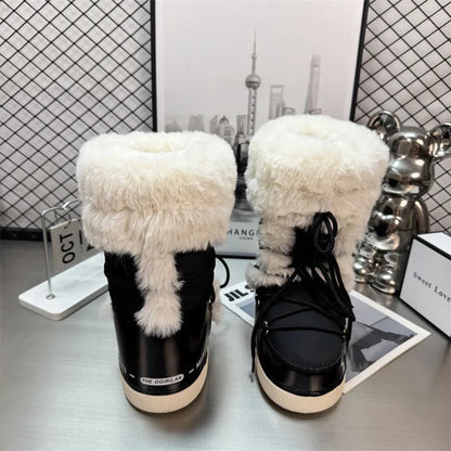 Women’s Water-Repellent Plush-Trim Snow Boots – Lace-Up Chunky-Sole Winter Boots