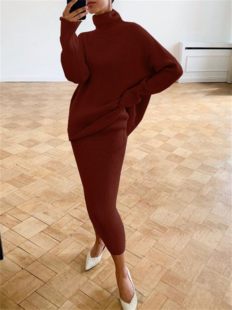 Women’s Turtleneck Knit Skirt Set – Relaxed Long-Sleeve Jumper with Slim Midi Skirt for Autumn Wear