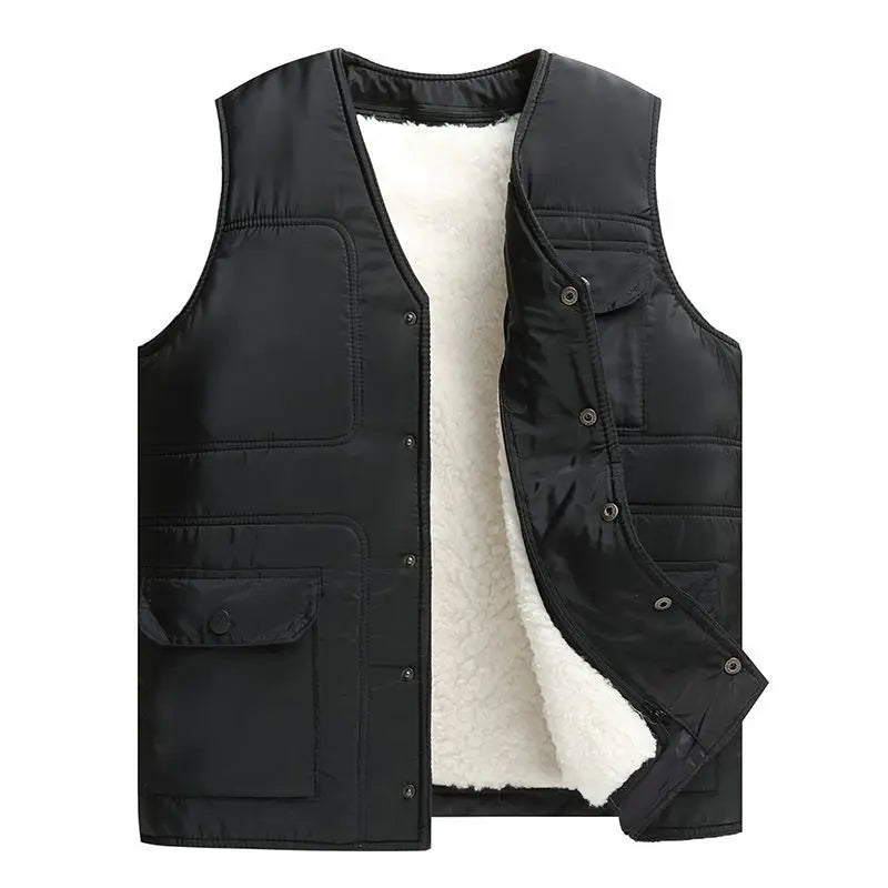 Men’s Fur-Lined Winter Bodywarmer – Warm V-Neck Sleeveless Vest with Zip and Button Closure for Cold-Weather Layering